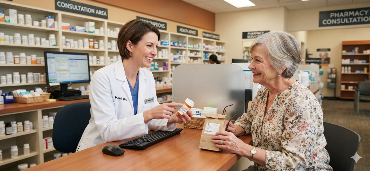 Pharmacist consulting with a patient in a community pharmacy