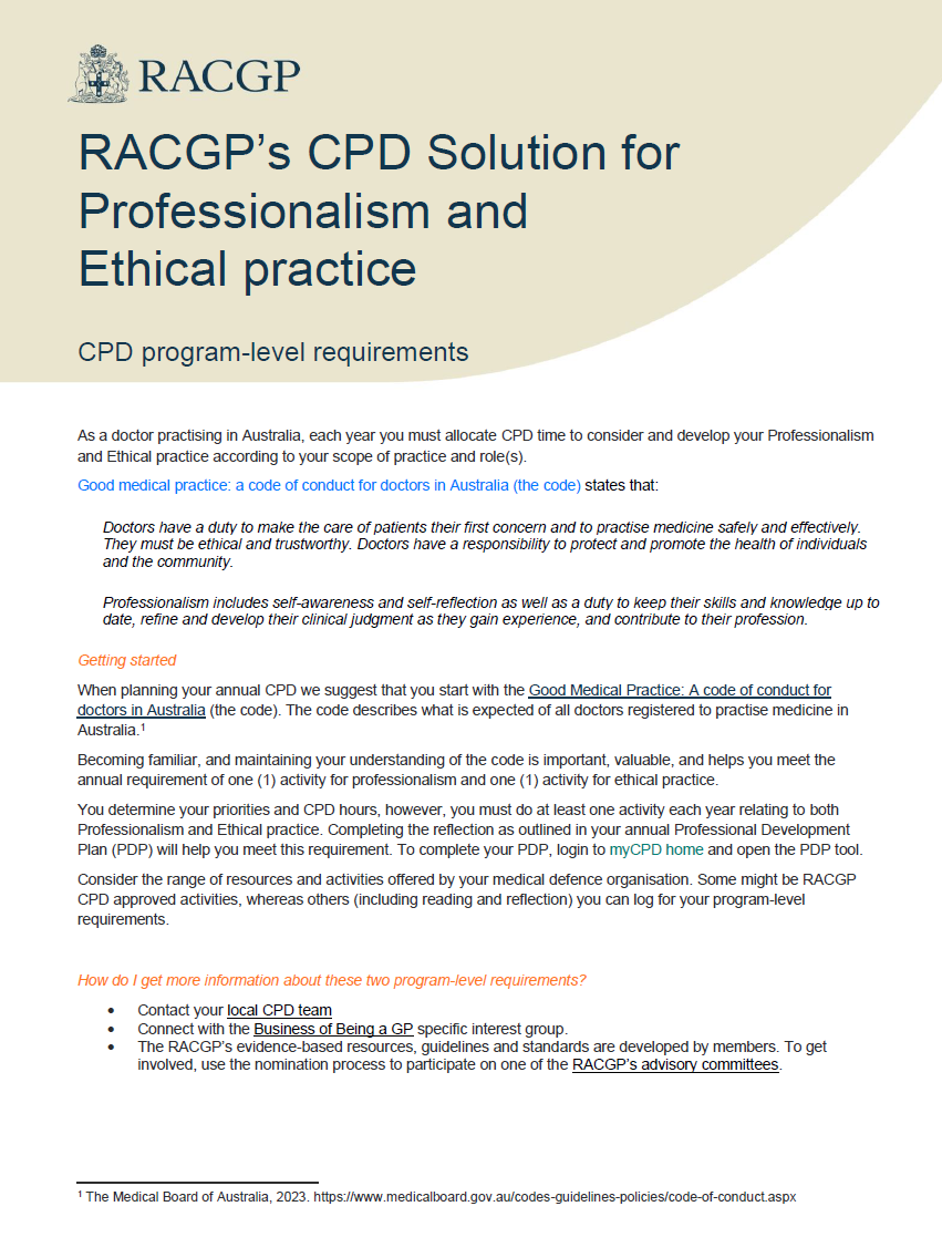 RACGP’s CPD Solution for Professionalism and Ethical practice
