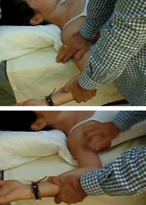 Figure 3. The Anterior release test for anterior shoulder 
instability. The patient is supine, the arm is abducted 
and externally rotated, the examiner's hand closest to 
the patient applies a downward force over or close to 
the humeral head in an attempt to relocate and secure 
it within the glenoid. Once a firm pressure is applied the 
patient's arm is externally rotated further at which stage 
the humeral head is suddenly released. The patient may 
experience pain, apprehension or a combination during 
the release phase of the test. Extreme caution is required 
because if the shoulder is very unstable, dislocation may 
occur during the release phase