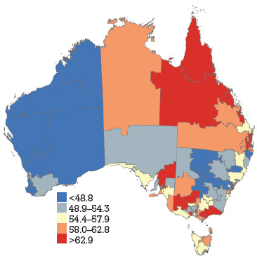 Figure 1a. HPV vaccine uptake dose 1, women aged 18–26 years by Divisions of General Practice, Australia