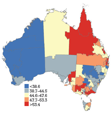 Figure 1b. HPV vaccine uptake dose 2, women aged 18–26 years by Divisions of General Practice, Australia