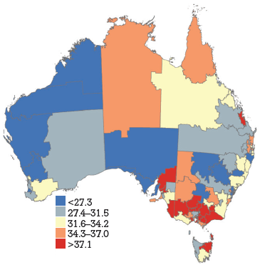 Figure 1c. HPV vaccine uptake dose 3, women aged 18–26 years by Divisions of General Practice, Australia