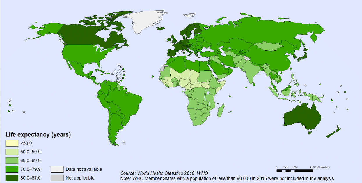 Life expectancy at birth, both sexes, 2016