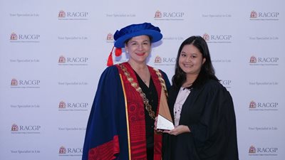 Janelle Wong receiving her award from RACGP President Dr Nicole Higgins at the National Awards Ceremony