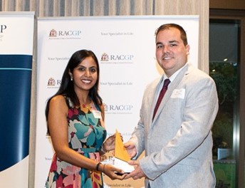 Dr Dean McKittrick receiving his award from RACGP Western Australia Chair Dr Ramya Raman at the Western Australia Awards Ceremony
