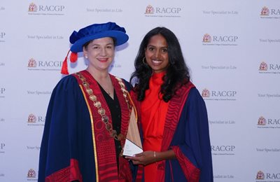 Dr Ishani Kaluthotage receiving her award from RACGP President Dr Nicole Higgins at the National Awards Ceremony
